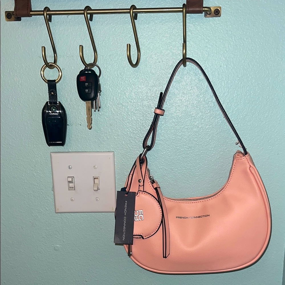 French Connection Peachy Crescent Pink Shoulder Bag with Logo Coin Purse, New